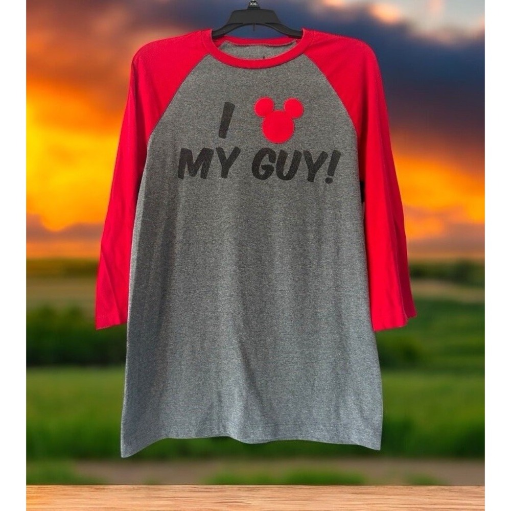 Disney Parks Womens Small Baseball T-Shirt I Love My Guy Mickey Icon Red Gray S